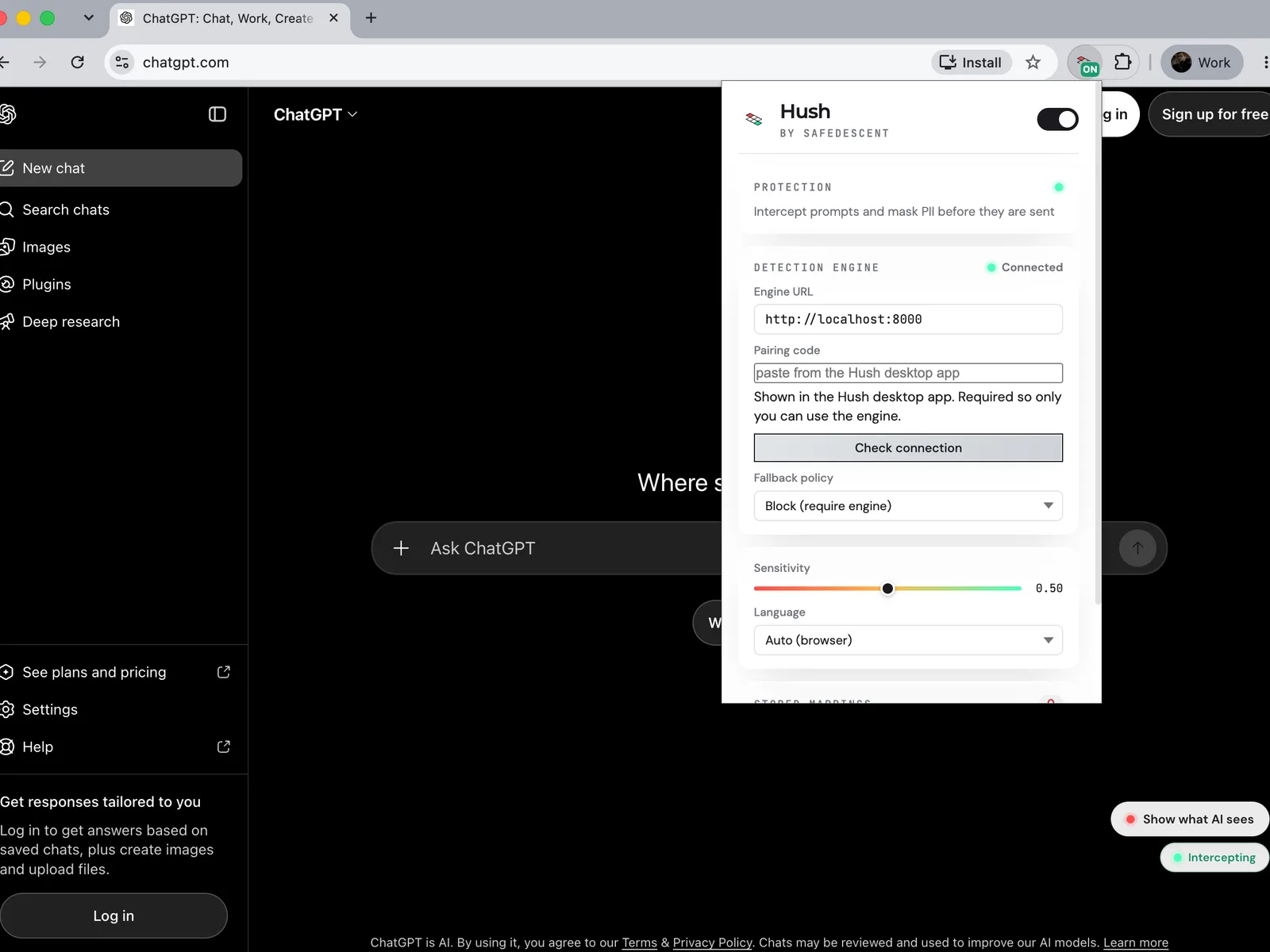 Hush extension: masking personal data in a ChatGPT prompt