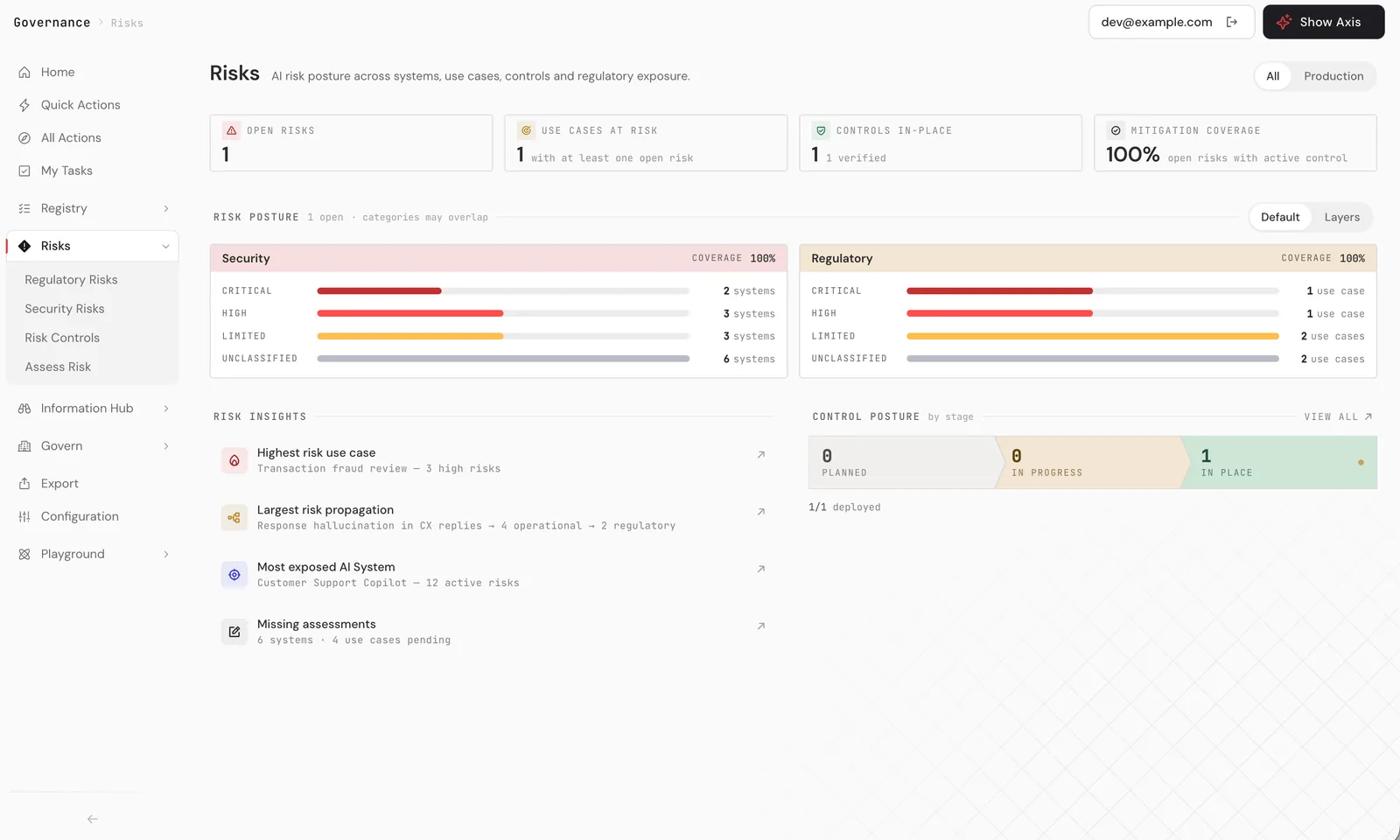 Governance module: risk posture across systems, use cases and controls